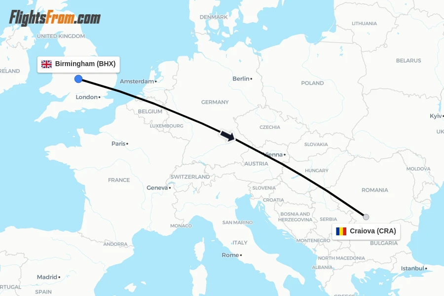 Flights from Birmingham to Craiova route map