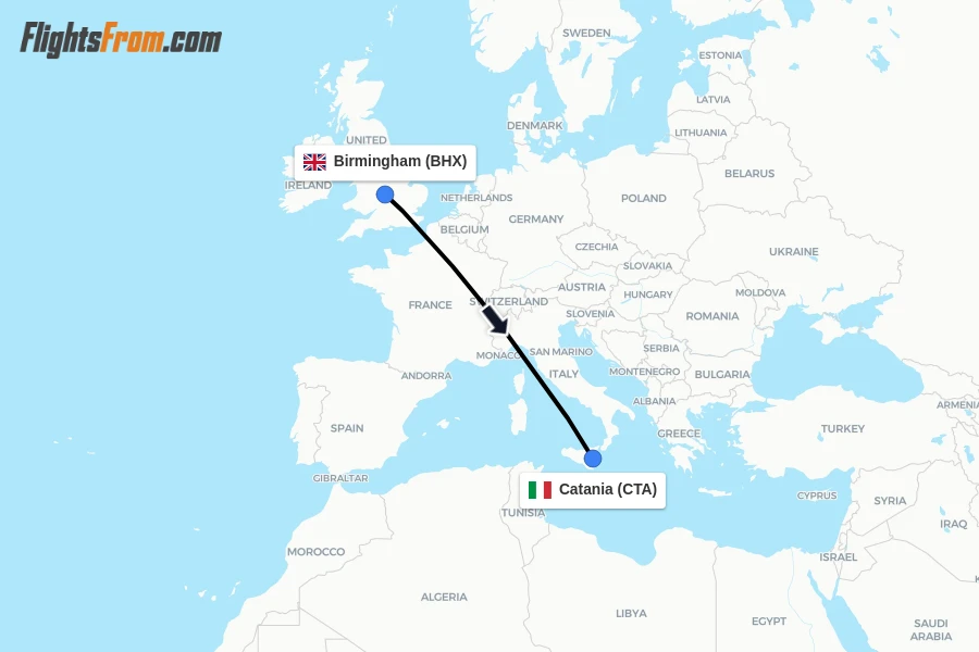 Flights from Birmingham to Catania route map
