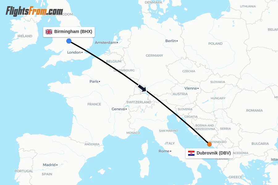 Flights from Birmingham to Dubrovnik route map
