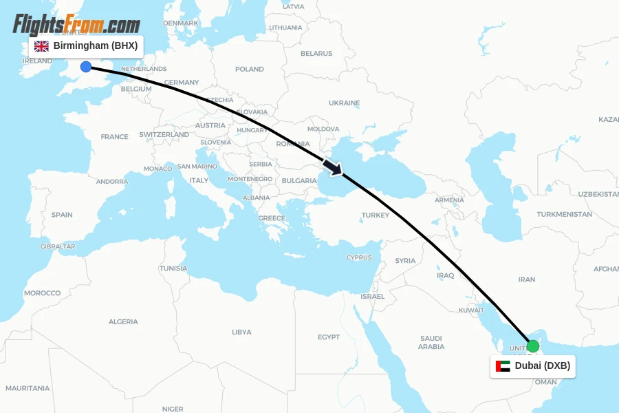 Flights from Birmingham to Dubai route map