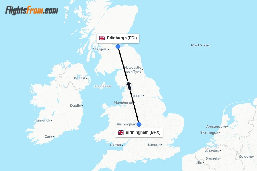 Flights from Birmingham to Edinburgh route map