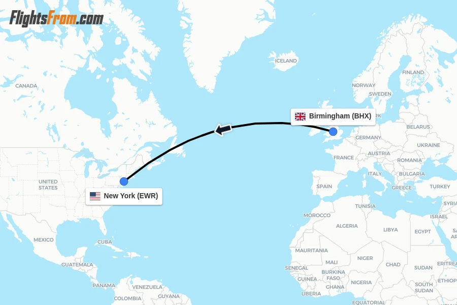 Flights from Birmingham to New York route map
