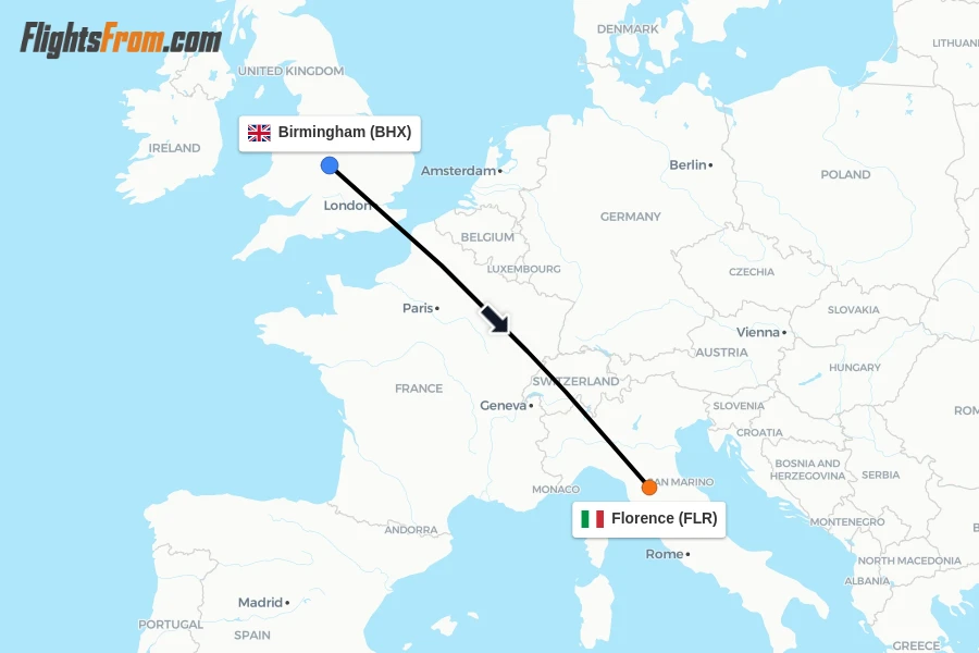 Flights from Birmingham to Florence route map
