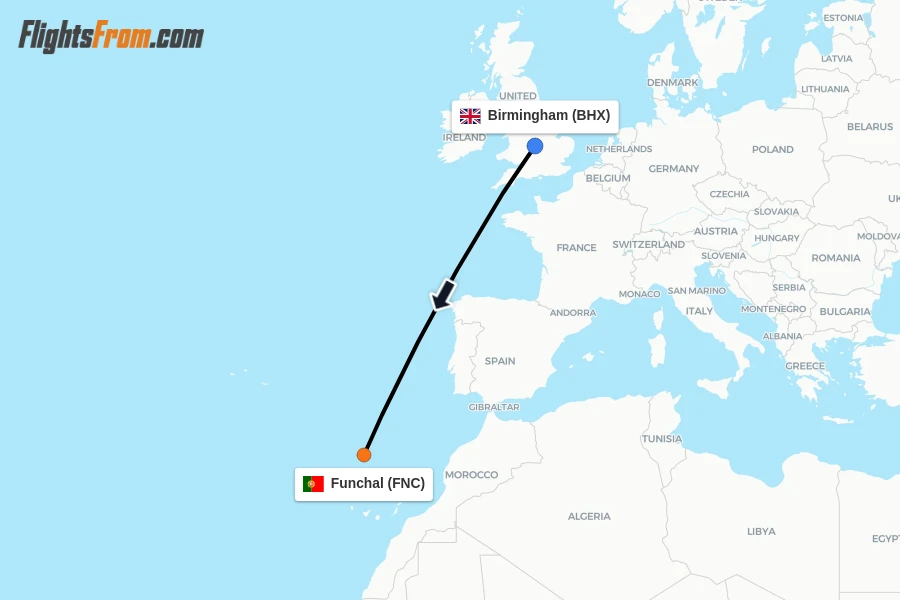 Flights from Birmingham to Funchal route map