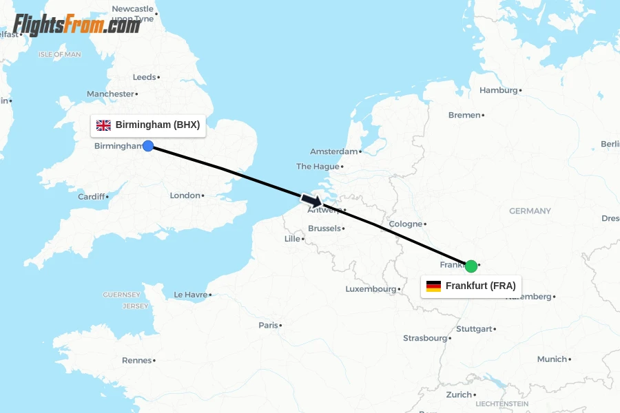 Flights from Birmingham to Frankfurt route map