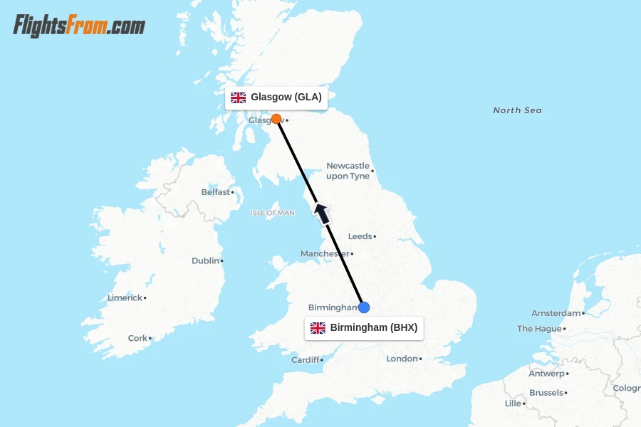Flights from Birmingham to Glasgow route map