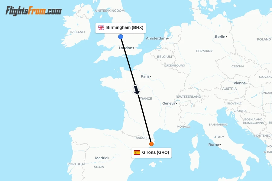 Flights from Birmingham to Girona route map