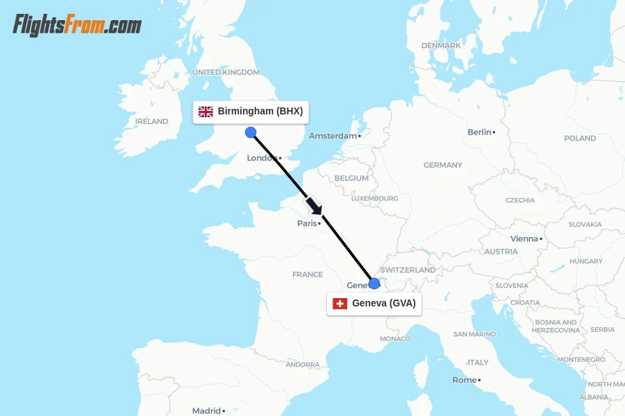 Flights from Birmingham to Geneva route map