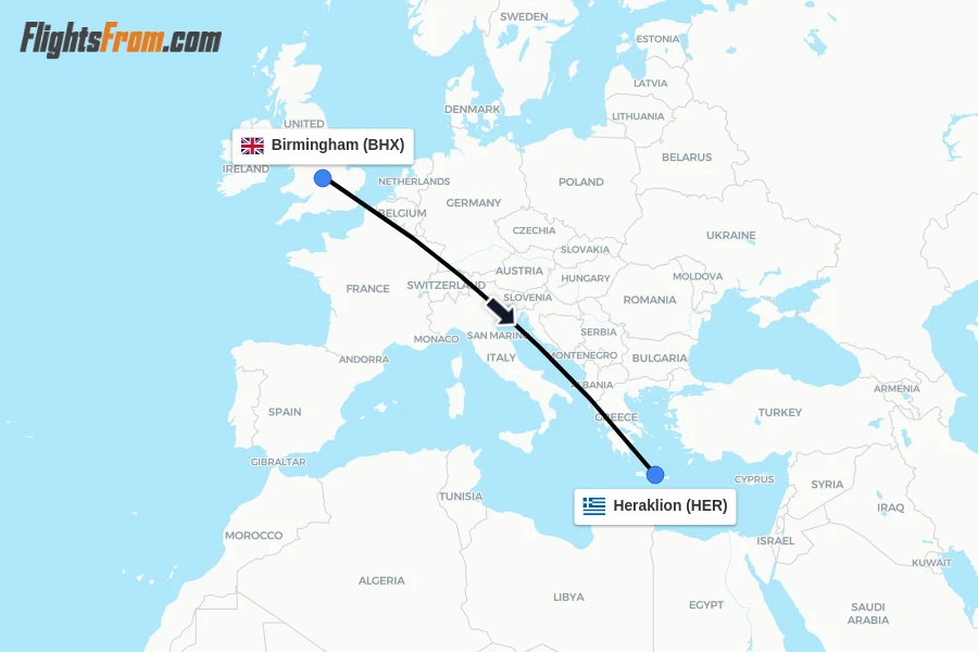 Flights from Birmingham to Heraklion route map