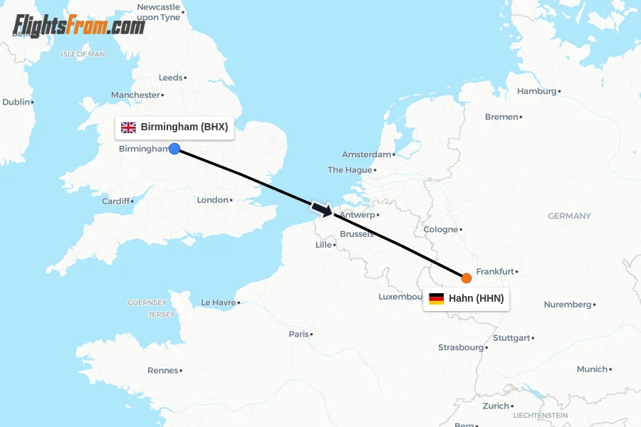 Flights from Birmingham to Hahn route map