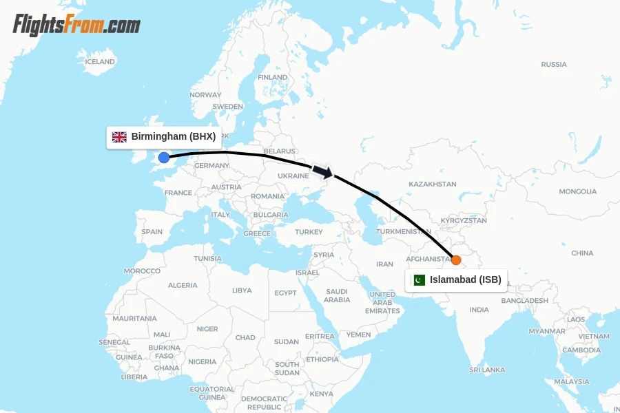 Flights from Birmingham to Islamabad route map