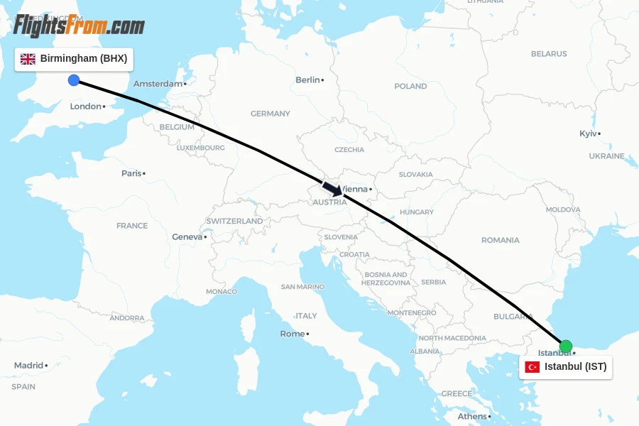 Flights from Birmingham to Istanbul route map