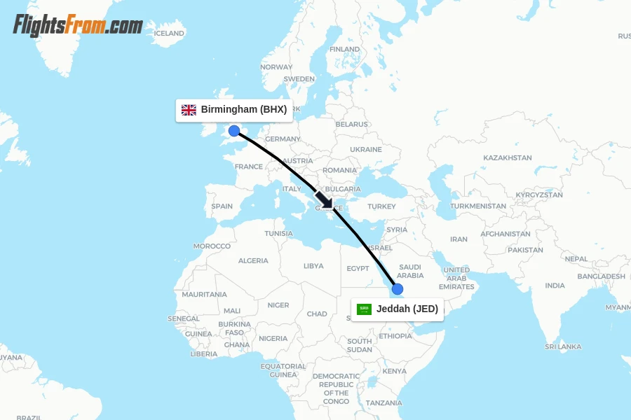 Flights from Birmingham to Jeddah route map