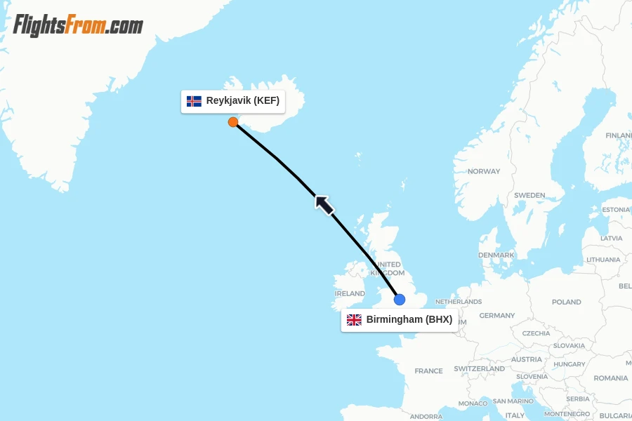 Flights from Birmingham to Reykjavik route map