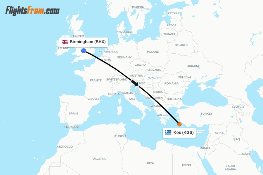Flights from Birmingham to Kos route map