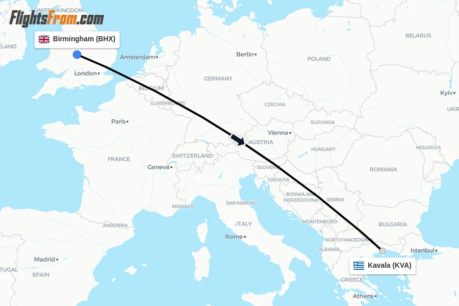 Flights from Birmingham to Kavala route map