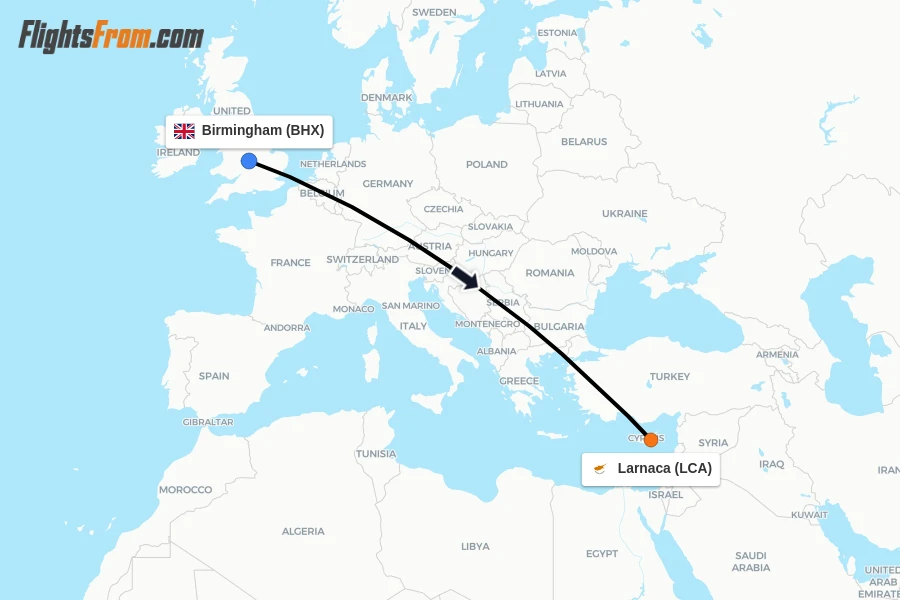 Flights from Birmingham to Larnaca route map
