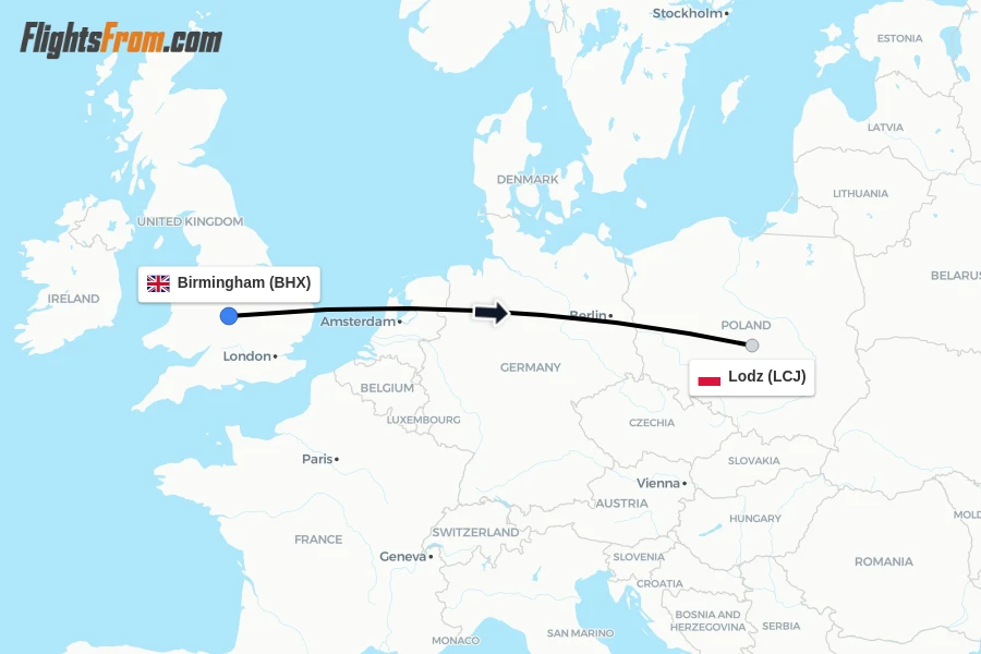 Flights from Birmingham to Lodz route map