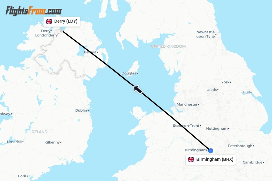 Flights from Birmingham to Derry route map