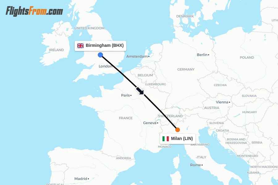 Flights from Birmingham to Milan route map