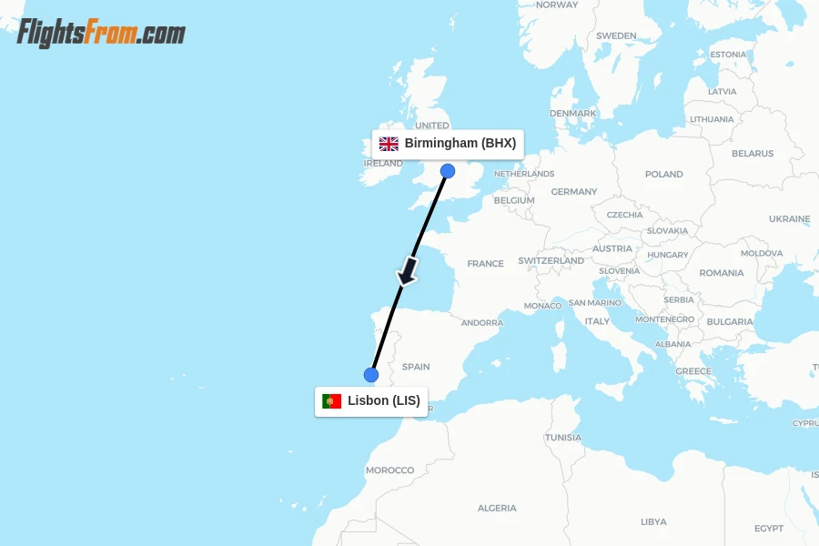 Flights from Birmingham to Lisbon route map