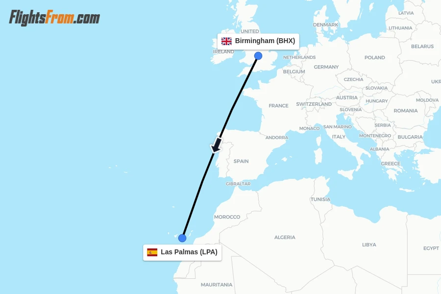 Flights from Birmingham to Las Palmas route map