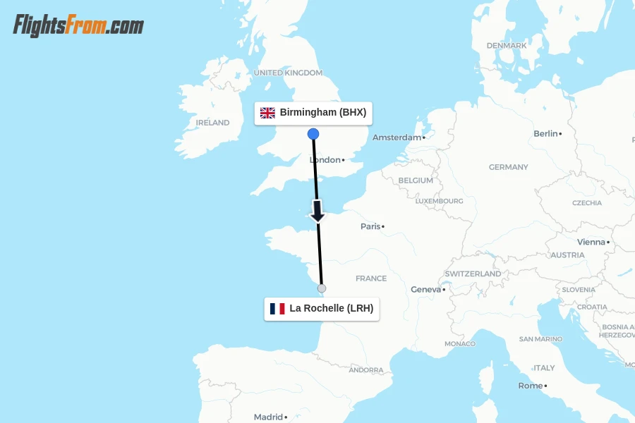 Flights from Birmingham to La Rochelle route map