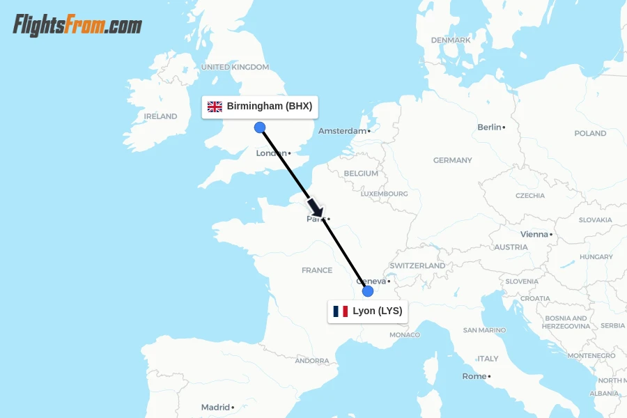 Flights from Birmingham to Lyon route map