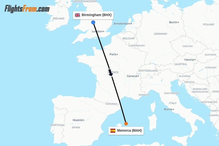 Flights from Birmingham to Menorca route map