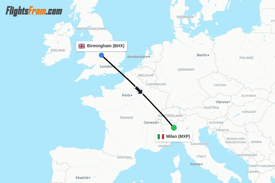 Flights from Birmingham to Milan route map