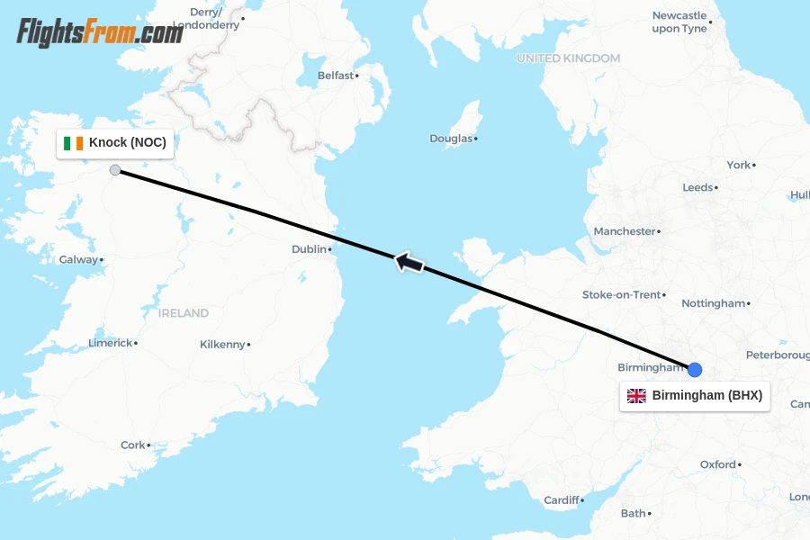 Flights from Birmingham to Knock route map