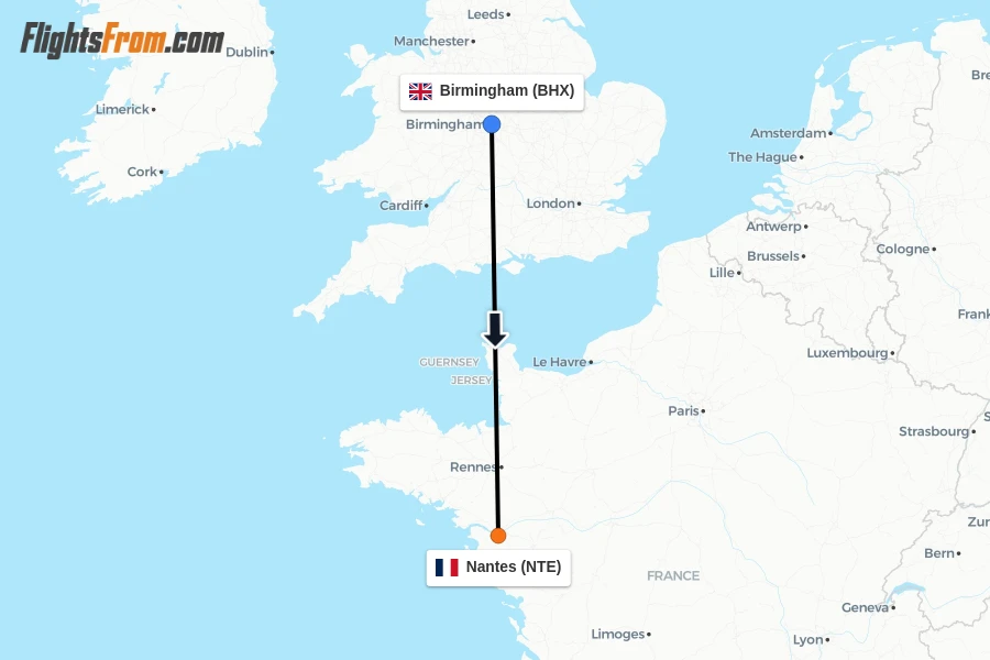 Flights from Birmingham to Nantes route map