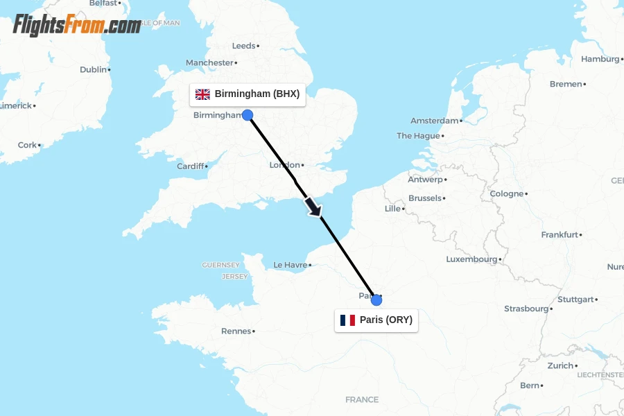 Flights from Birmingham to Paris route map