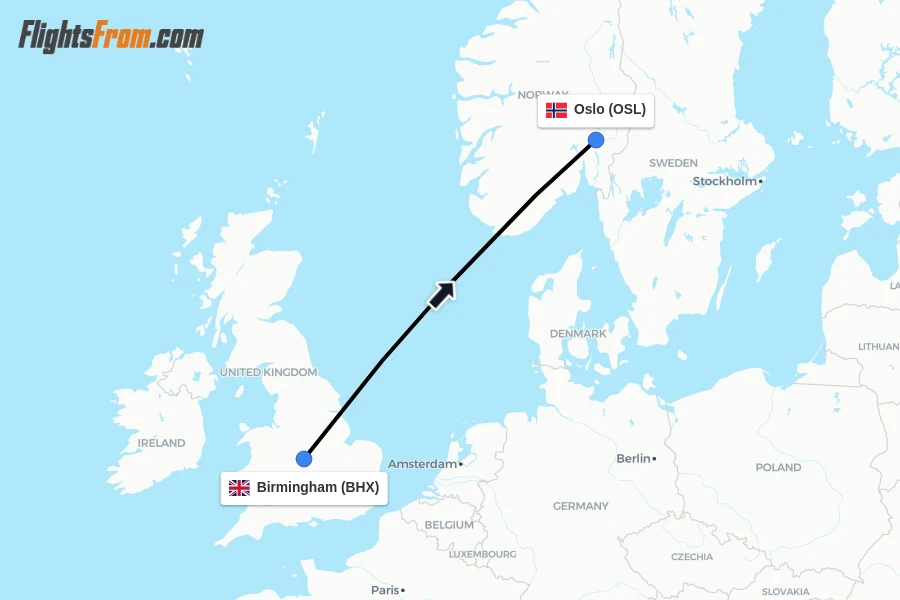 Flights from Birmingham to Oslo route map