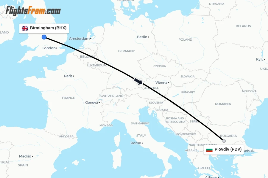 Flights from Birmingham to Plovdiv route map