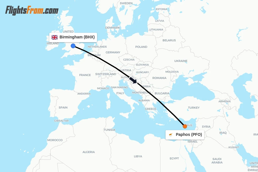 Flights from Birmingham to Paphos route map