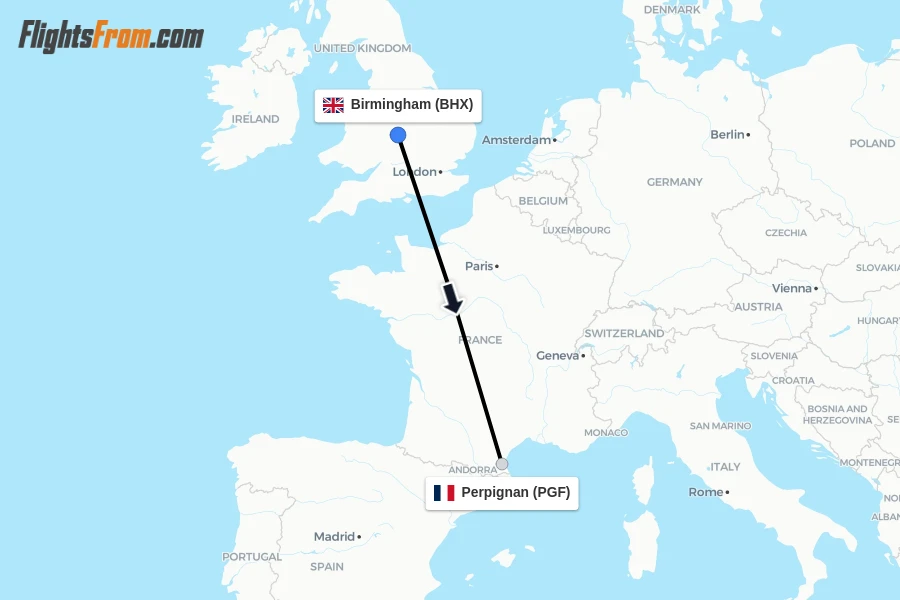 Flights from Birmingham to Perpignan route map