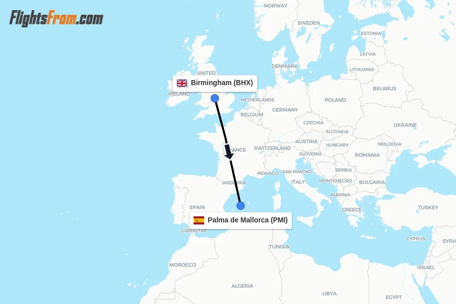Flights from Birmingham to Palma de Mallorca route map