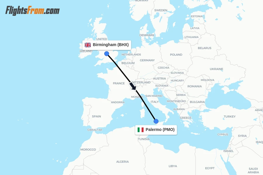 Flights from Birmingham to Palermo route map
