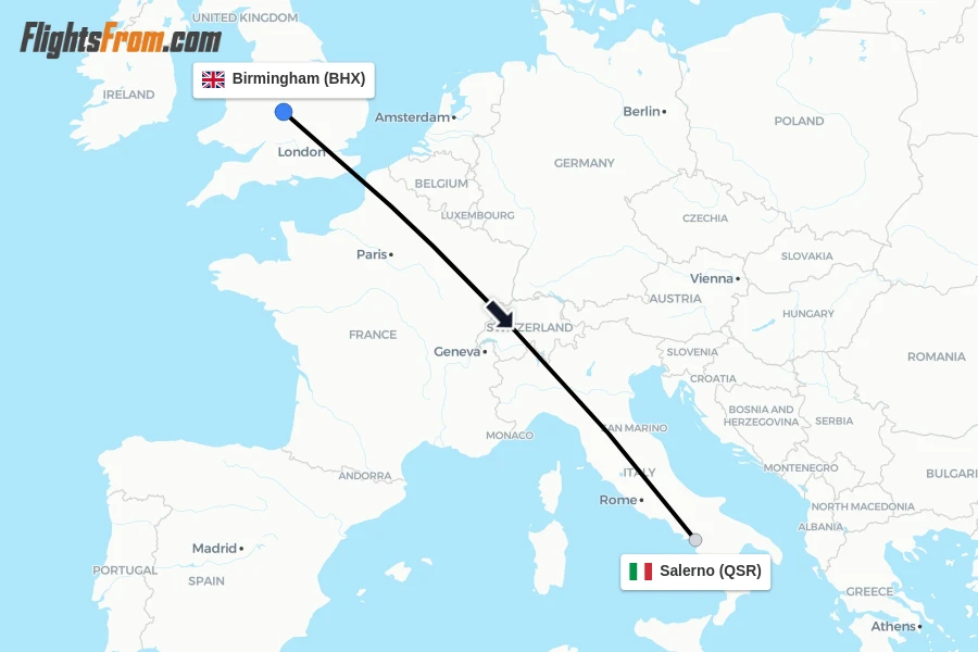 Flights from Birmingham to Salerno route map