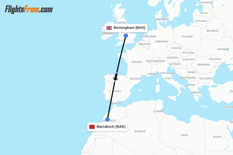 Flights from Birmingham to Marrakech route map