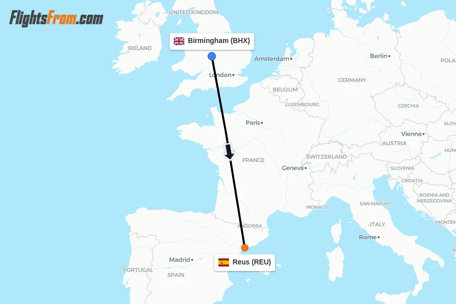 Flights from Birmingham to Reus route map