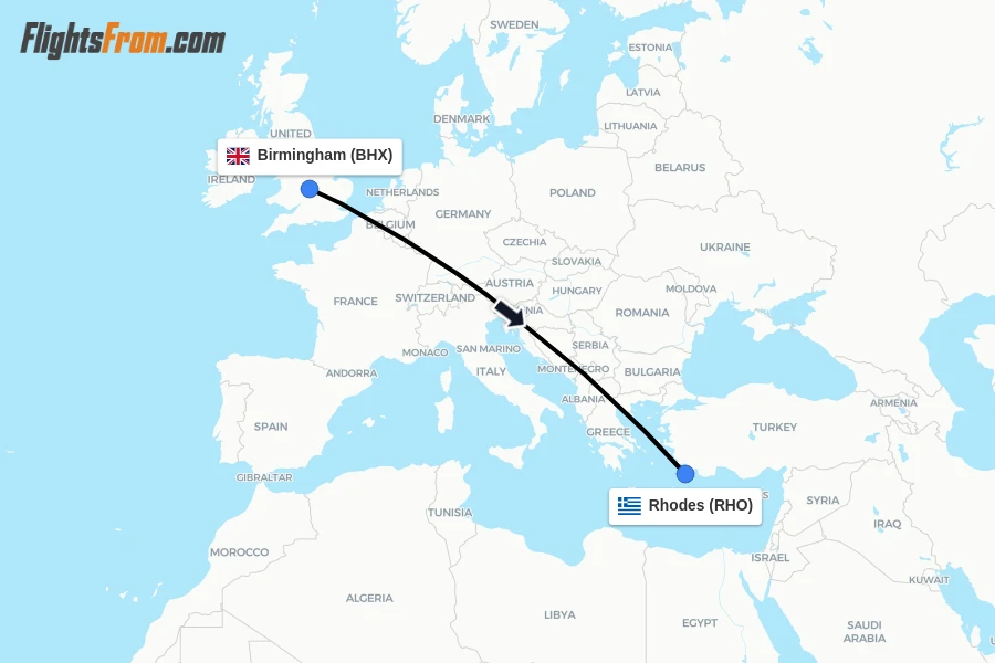 Flights from Birmingham to Rhodes route map