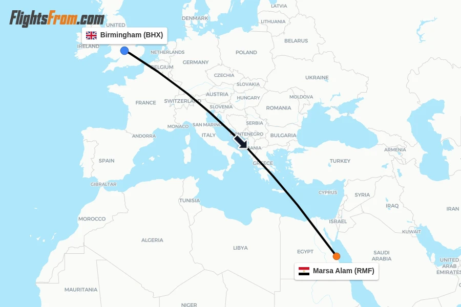 Flights from Birmingham to Marsa Alam route map