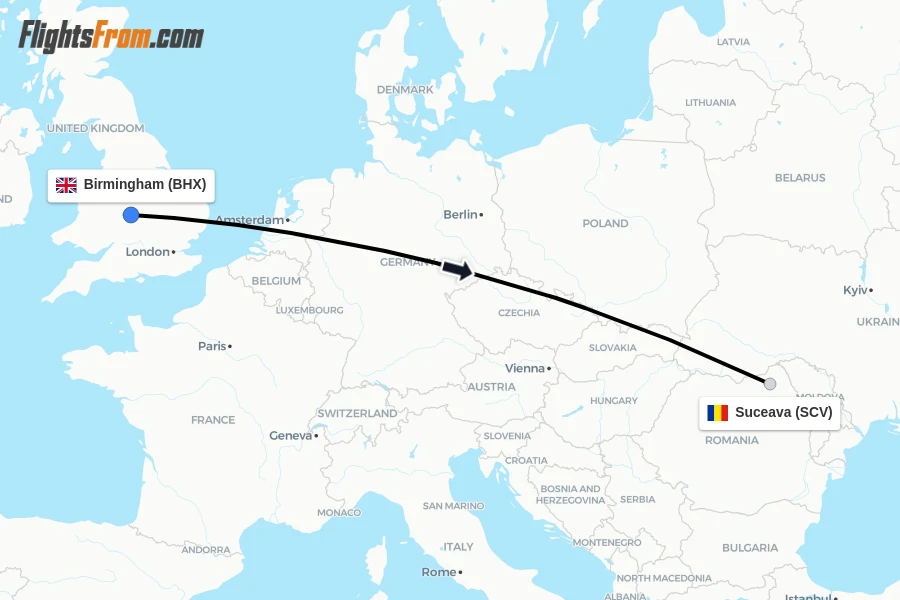 Flights from Birmingham to Suceava route map
