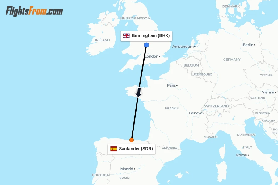 Flights from Birmingham to Santander route map