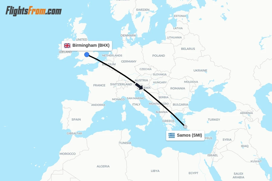 Flights from Birmingham to Samos route map