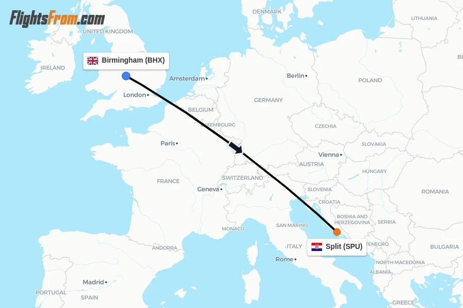 Flights from Birmingham to Split route map