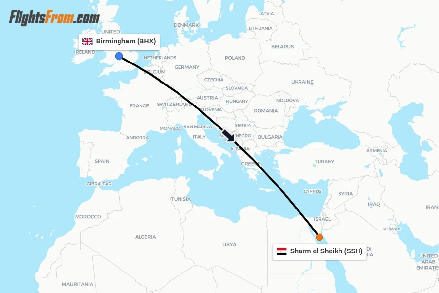Flights from Birmingham to Sharm el Sheikh route map