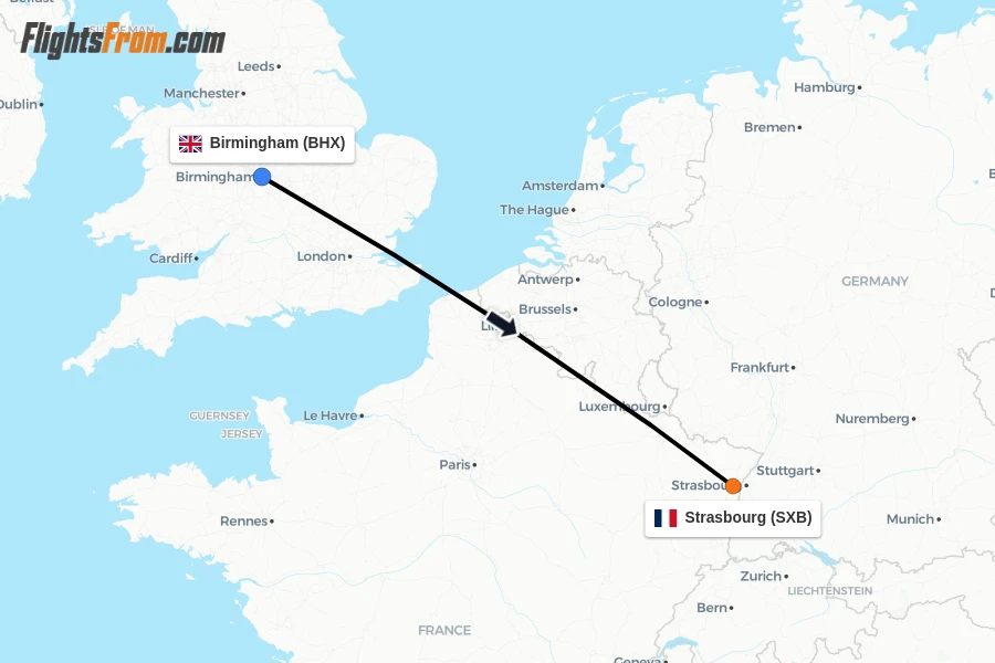 Flights from Birmingham to Strasbourg route map